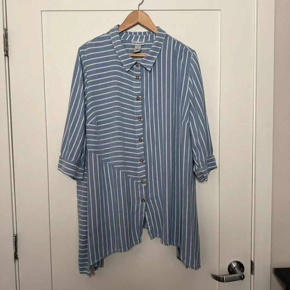 Catherines Top Blouse Womens Sz 1X Blue White Stripe Button Up 3/4 Sleeve Casual